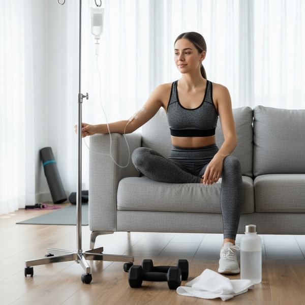 Athletic person post-workout receiving an IV drip at home Athletic person post-workout receiving an IV drip at home