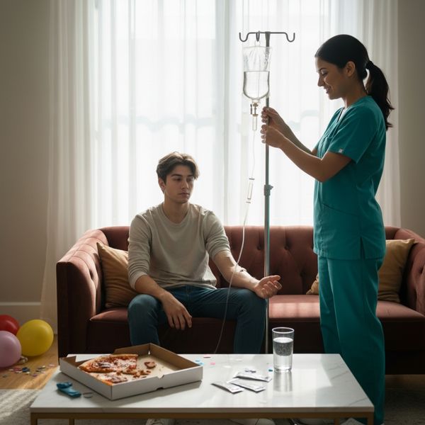 Young adult getting an IV after a party Young adult getting an IV after a party