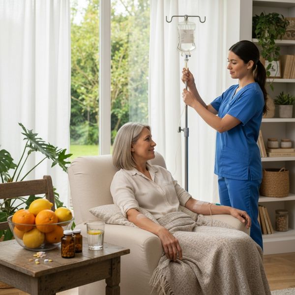 A nurse preparing an IV bag in a home A nurse preparing an IV bag in a home