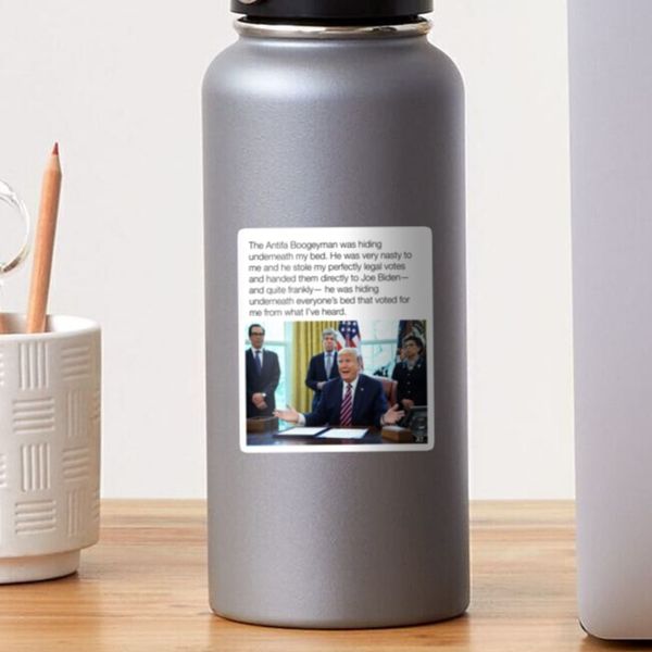 Water bottle with Trump meme sticker