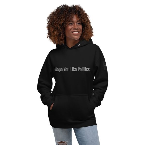 woman wearing politics meme hoodie