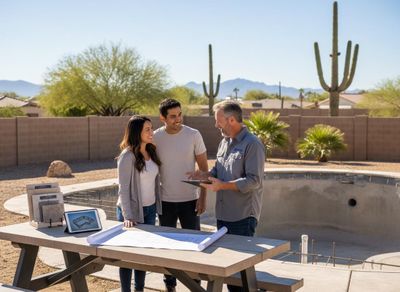 Couple discusses pool plans with a contractor in a desert backyard with an unfinished pool, blueprints, and a tablet on a table. Couple Discussing Pool Construction Plans with Contractor