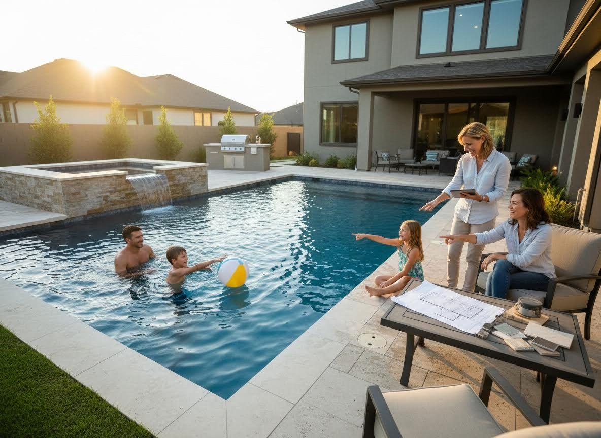 Family planning a modern backyard pool and outdoor living area
