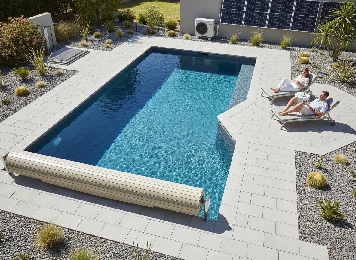 Modern Backyard Pool with Automatic Cover and Relaxing Couple