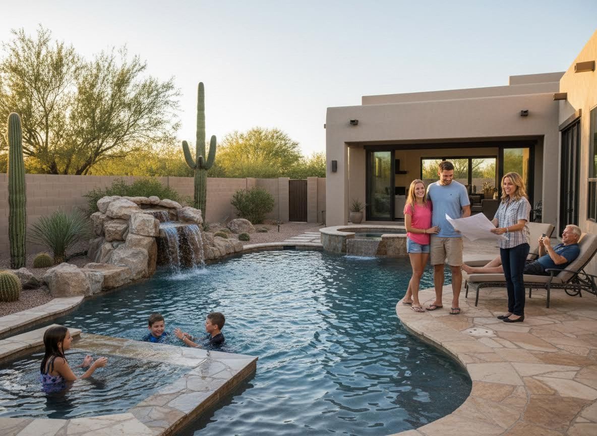 Family enjoying a custom desert home with a pool and waterfall