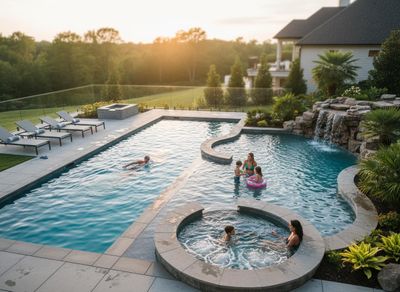 Family enjoying a luxurious backyard swimming pool and hot tub at sunset