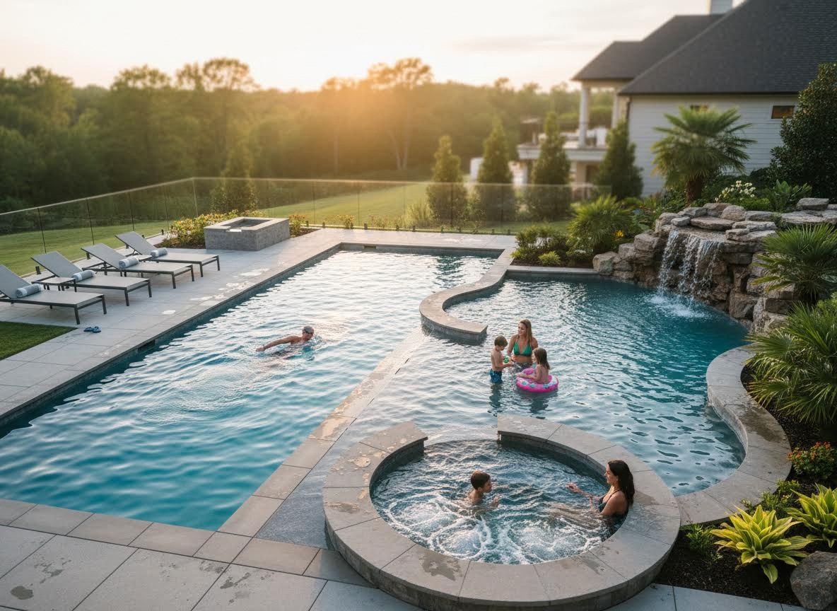 Family enjoying a luxurious backyard swimming pool and hot tub at sunset