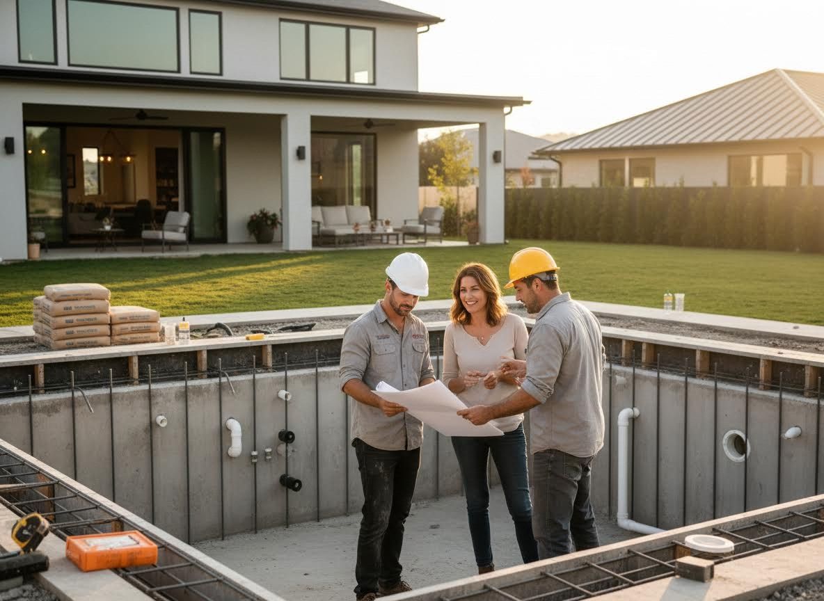 Homeowner and contractors discussing pool construction