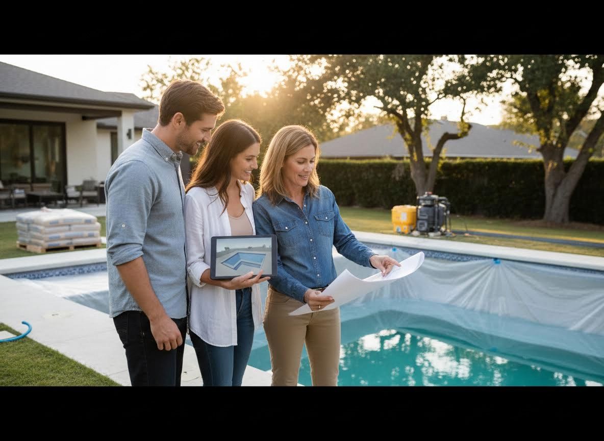 Couple and Pool Designer Reviewing Plans