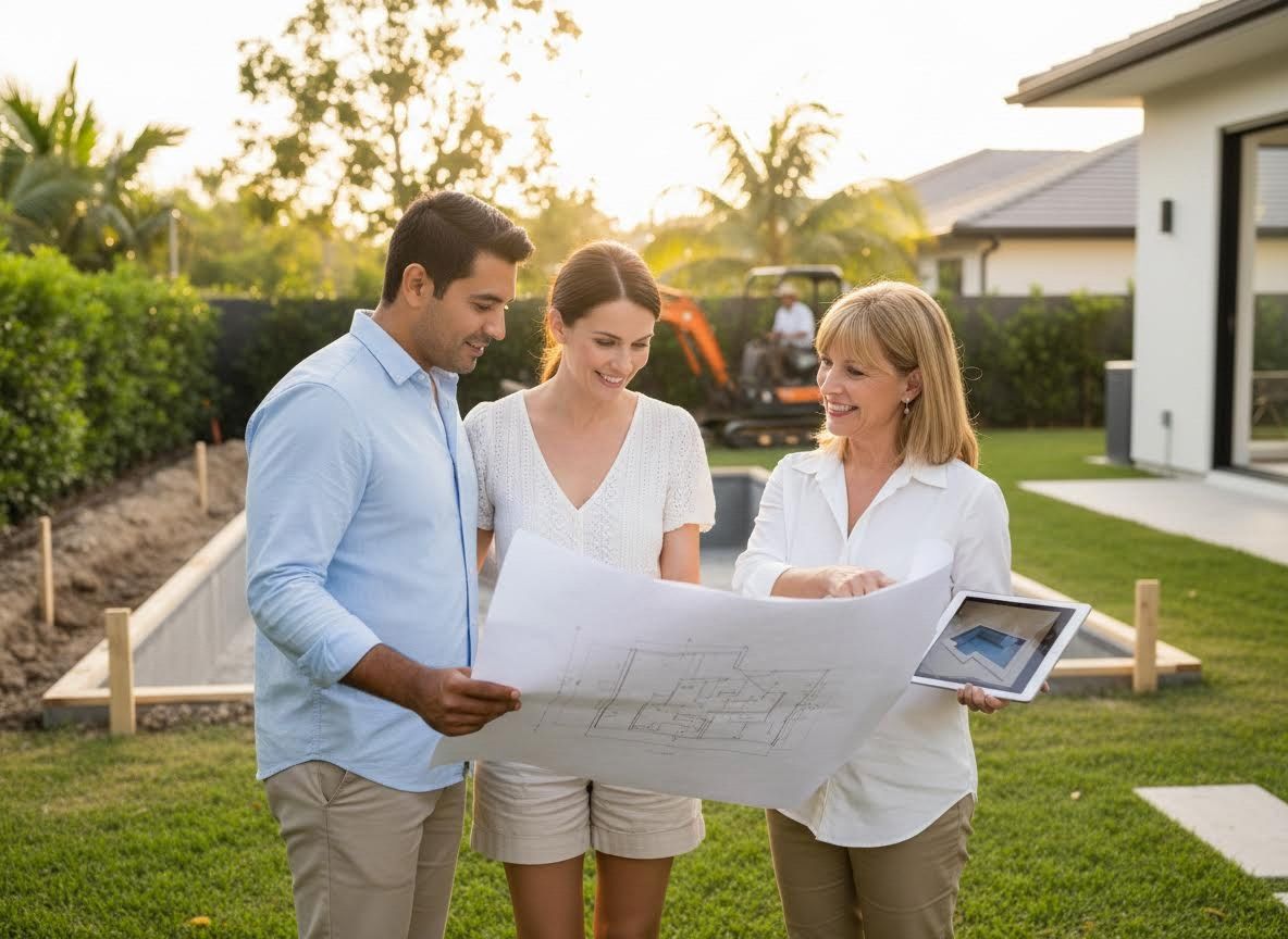 Couple and designer review home construction plans