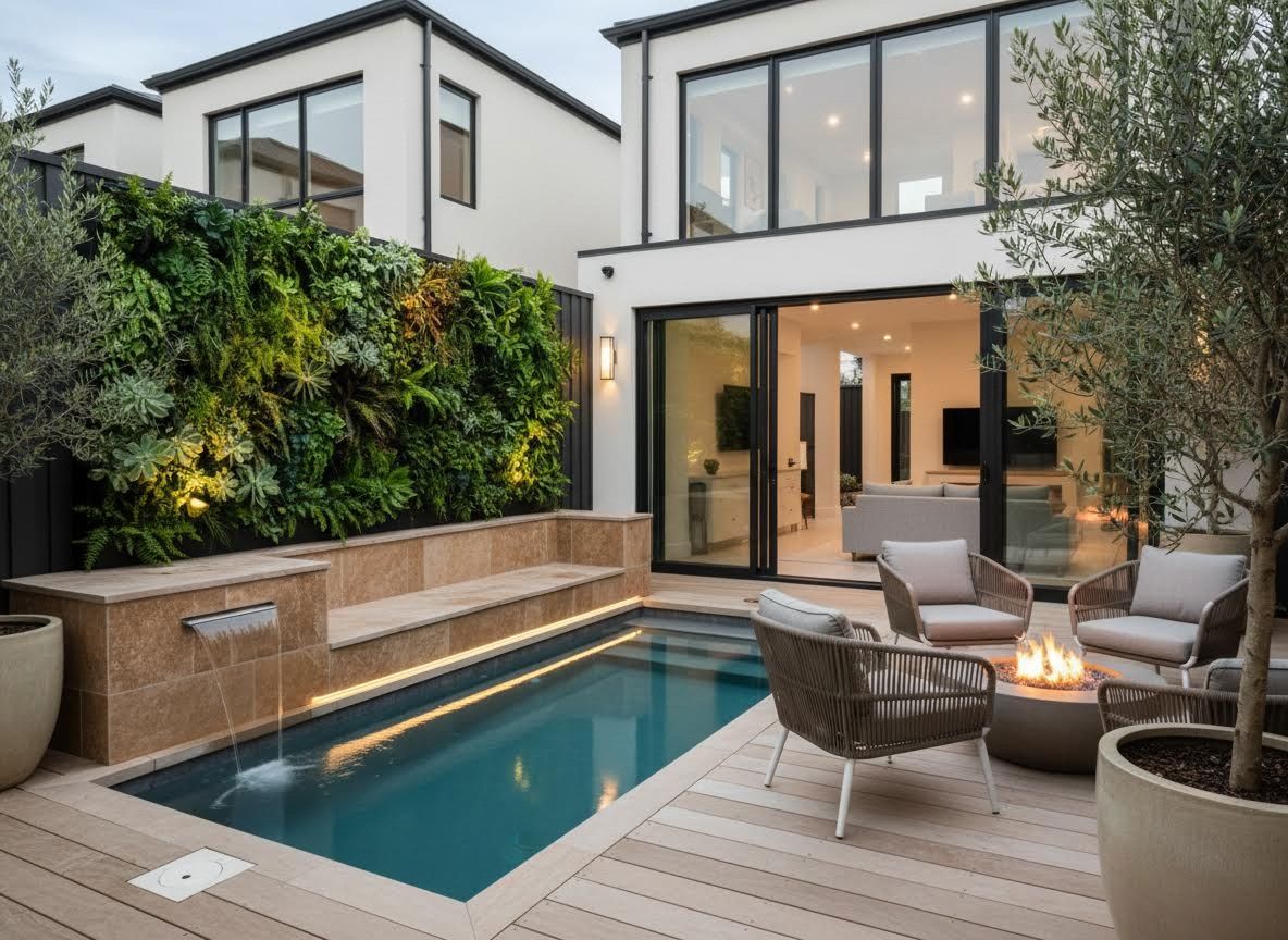Modern Backyard Oasis with Living Wall and Pool
