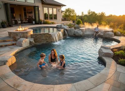 Family enjoying a custom backyard pool and spa with fire pit and waterfalls