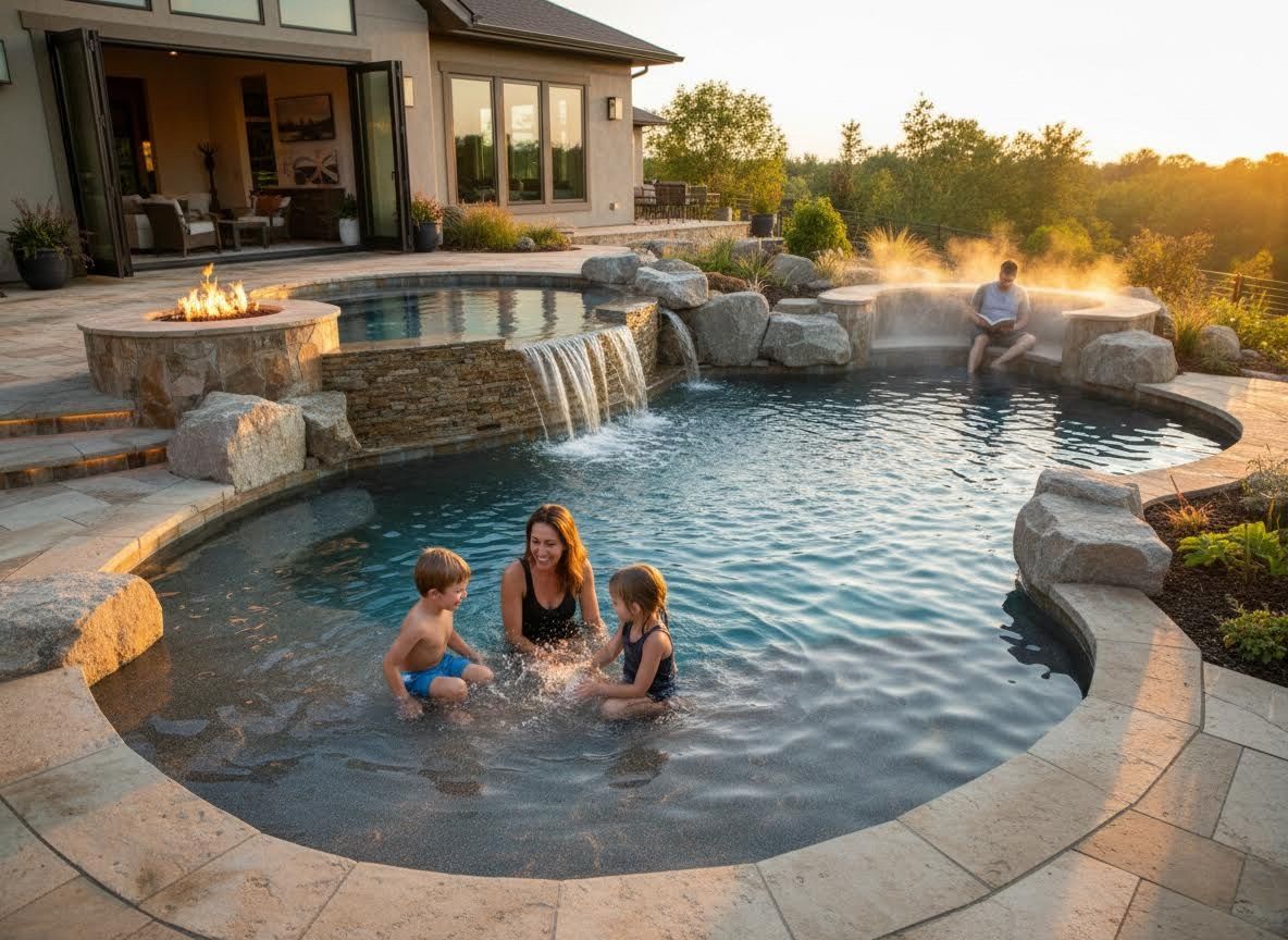 Family enjoying a custom backyard pool and spa with fire pit and waterfalls