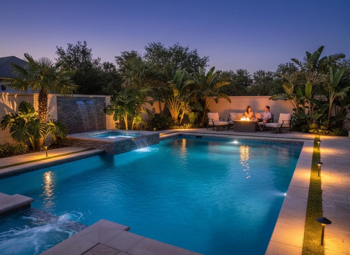 Luxurious backyard pool and spa with couple by fire pit at night
