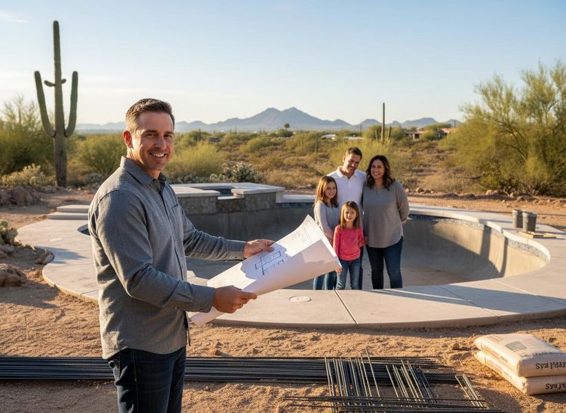 Man with Blueprints and Family at New Pool Construction Site