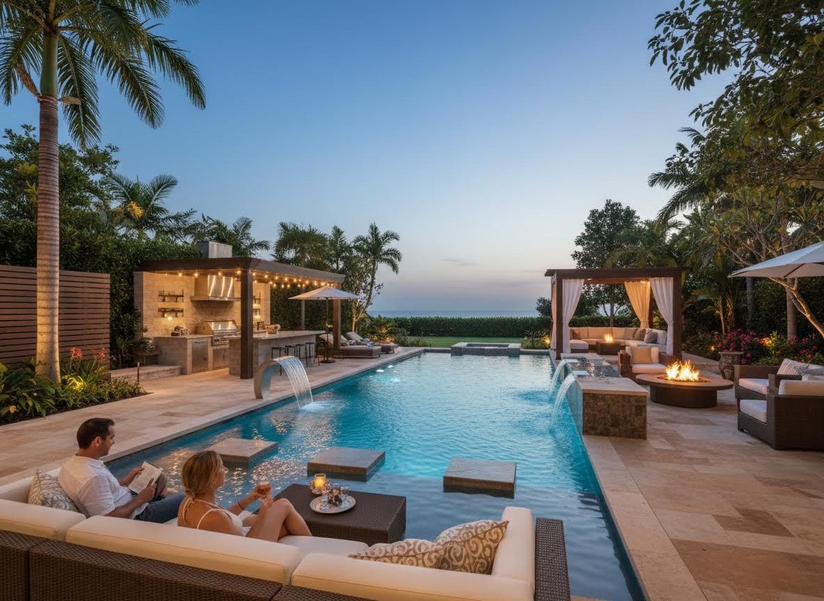 Luxury Backyard Pool and Outdoor Living Space at Dusk