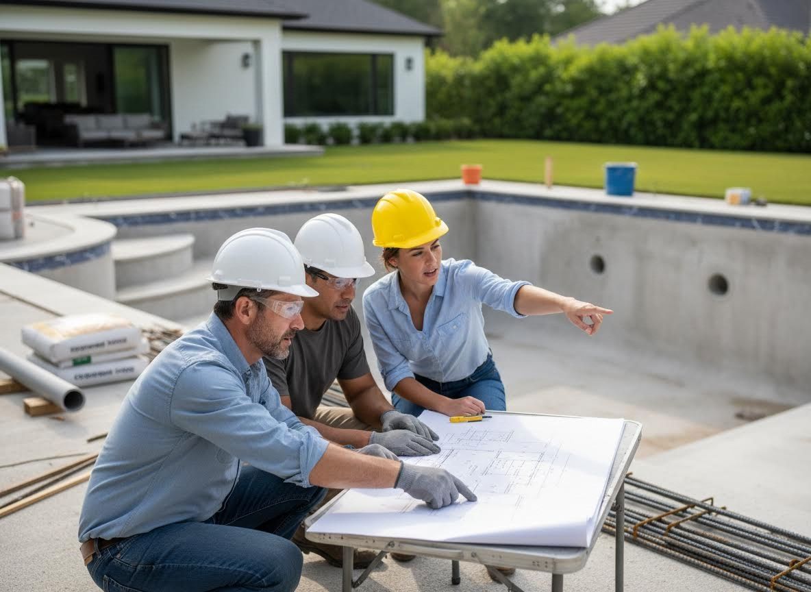 Architects and Builders Reviewing Pool Construction Plans