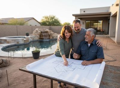 Three people, a smiling couple and a contractor, discuss blueprints for a backyard pool and landscaping project in a sunny outdoor setting. Couple and contractor reviewing backyard pool and landscape plans