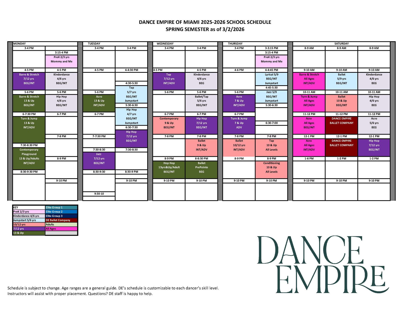 2025-2026 DANCE EMPIRE SCHOOL SCHEDULE - SPRING SEMESTER 3-1-2026 PUBLISHED.jpg
