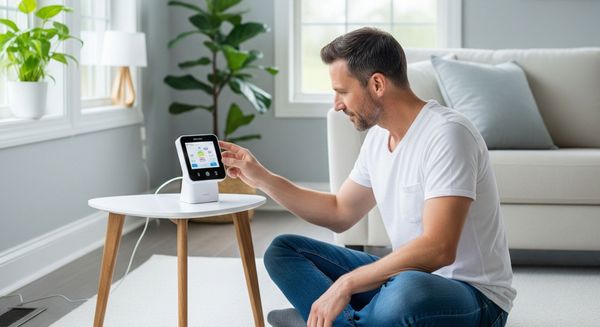 A person holding an air quality monitor in a bright, modern living room with minimalist decor, focusing on the device's display.