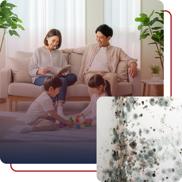 happy family in clean living room, collage: very visible mould on walls