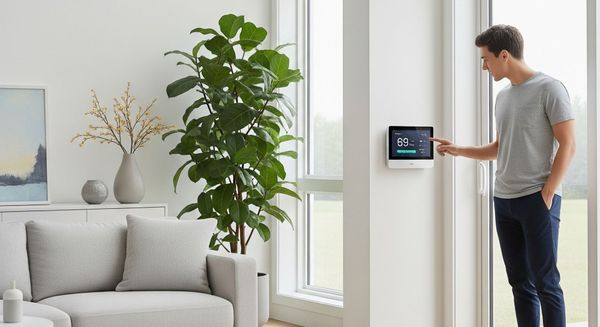 a person near an air quality monitor in a bright, modern home