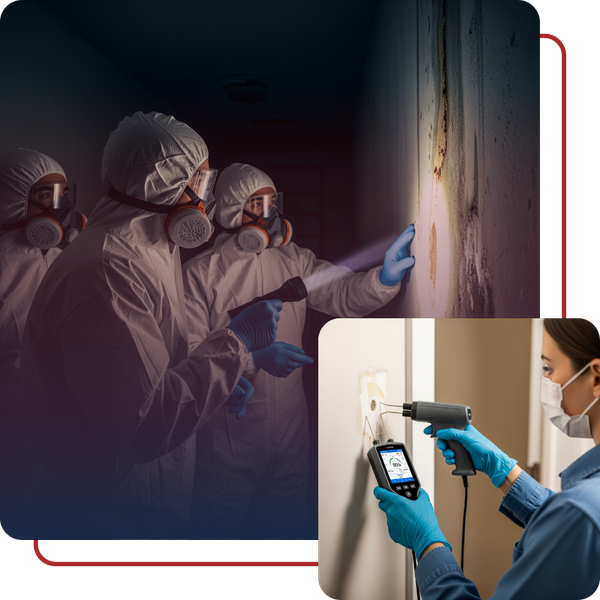 A rapid response team in protective gear urgently assessing a mold-affected wall in a dimly lit area, emphasizing quick action.