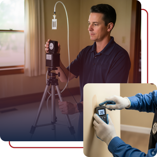mold inspector with moisture pump sensor on tripod, collage: moisture sensor on wall