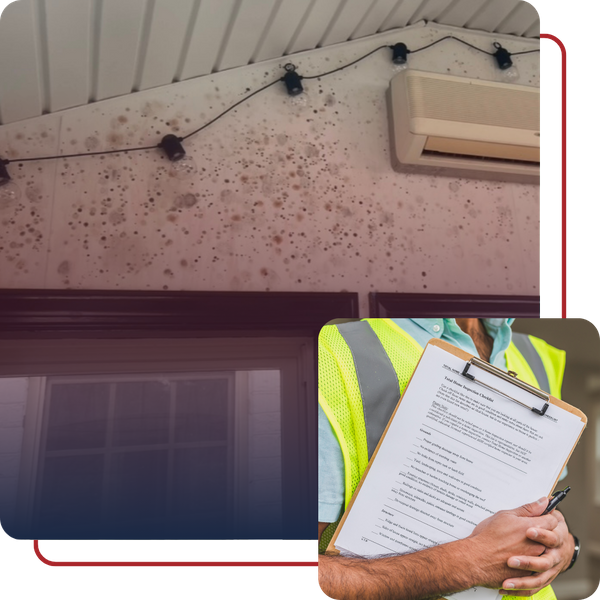 mold on wall around mini-split, home inspector holding clipboard