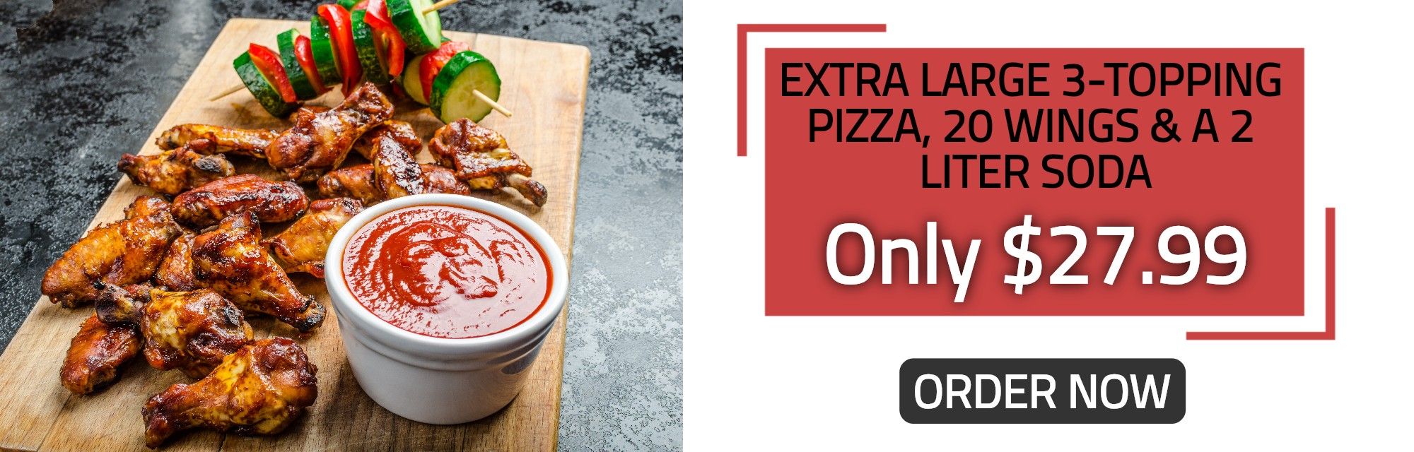 Extra Large 3-Topping Pizza, 20 Wings & 2 liter soda only $27.99