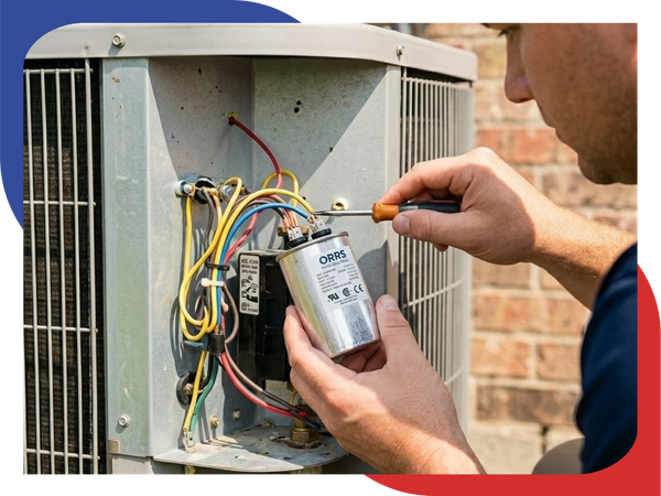 A close-up view focusing on an Orrs HVAC Solutions technician’s hands installing a new electrical capacitor into a residential AC unit's control box.