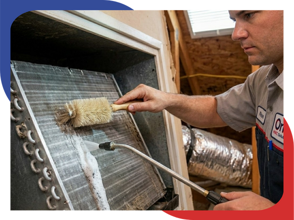 An Orrs HVAC Solutions technician in an attic meticulously cleaning a dusty air conditioner evaporator coil using a specific coil cleaning brush and a foaming spray solution.