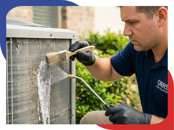 an Orrs HVAC Solutions technician in Katy, Texas, wearing black gloves while using a brush and a pressurized sprayer to clean the outdoor condenser coils of a residential air conditioning unit.