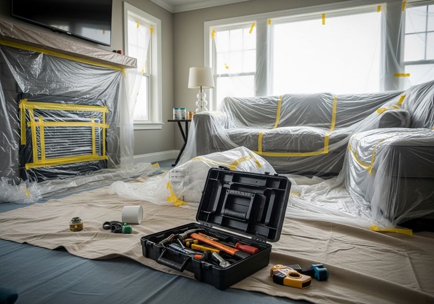 A living room prepared for renovation, with furniture and fixtures covered in plastic sheeting secured with yellow tape. In the foreground, an open toolbox reveals various hand tools, resting on a protective cloth. Living Room Renovation Preparation