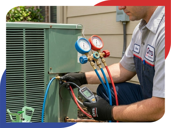 An Orrs HVAC Solutions technician in Houston performs a comprehensive refrigerant leak detection service using an electronic detector on an outdoor AC unit's copper fittings.