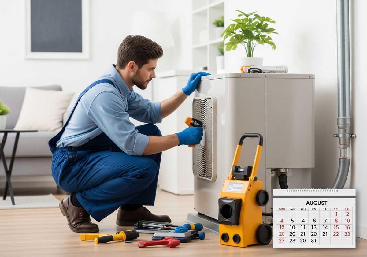 HVAC Technician Repairing Air Conditioner in August