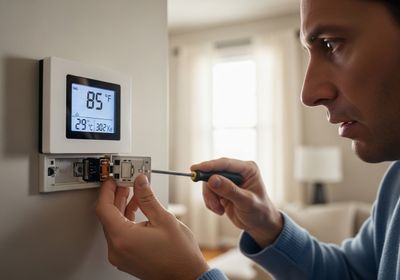 Man repairs smart thermostat at home