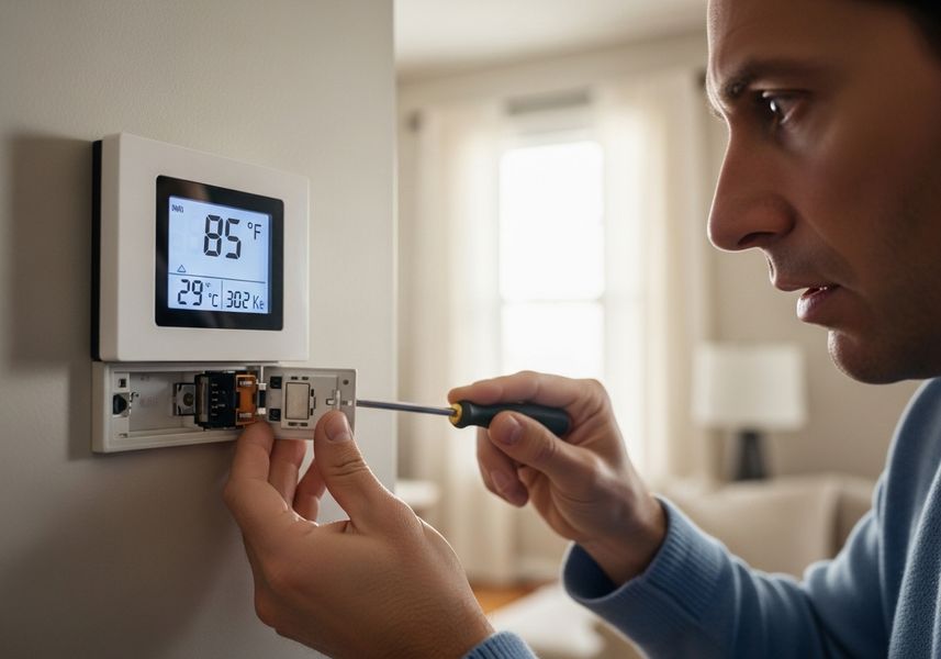 Man repairs smart thermostat at home