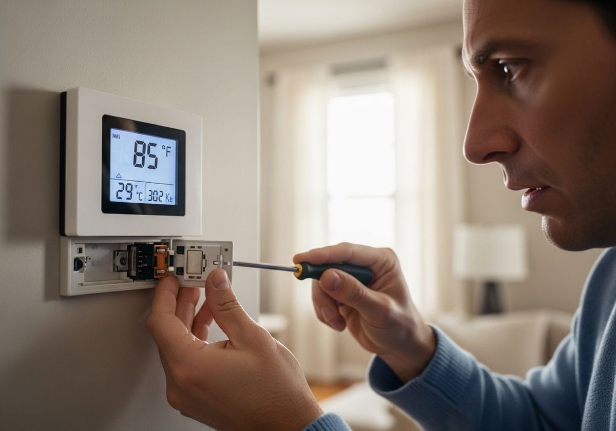 Man repairs smart thermostat at home