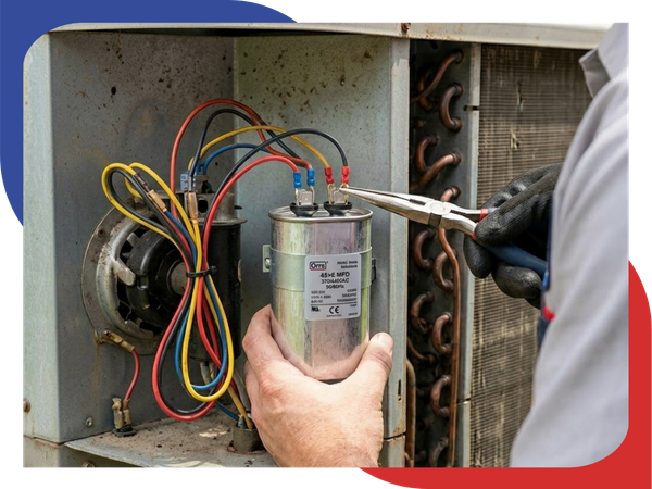 A detailed close-up showing an Orrs HVAC Solutions technician’s gloved hand connecting wires to a newly installed start capacitor within a Houston AC unit's service panel.