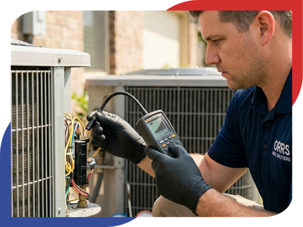 An Orrs HVAC Solutions technician uses a professional electronic leak detector probe to inspect copper fittings on an outdoor residential AC unit for refrigerant leaks.