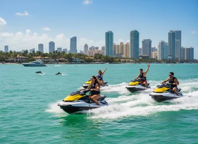 Four people on jet skis on turquoise water. Two dolphins jump near a yacht, with a sunny city skyline and coastline in the background. Group jet skiing in clear water with city view and dolphins