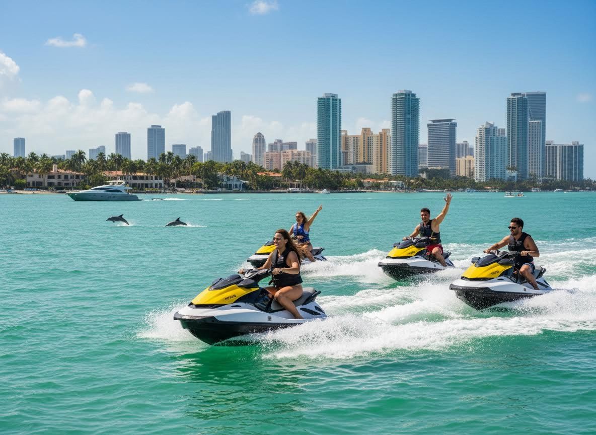 Group jet skiing in clear water with city view and dolphins