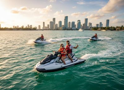 People Jet Skiing with City Skyline