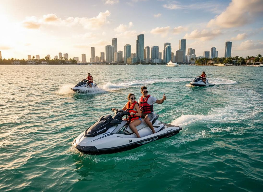 People Jet Skiing with City Skyline