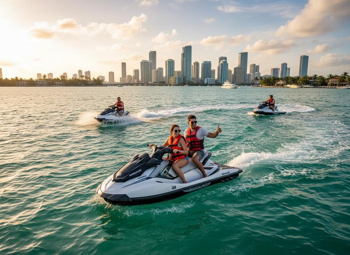 People Jet Skiing with City Skyline