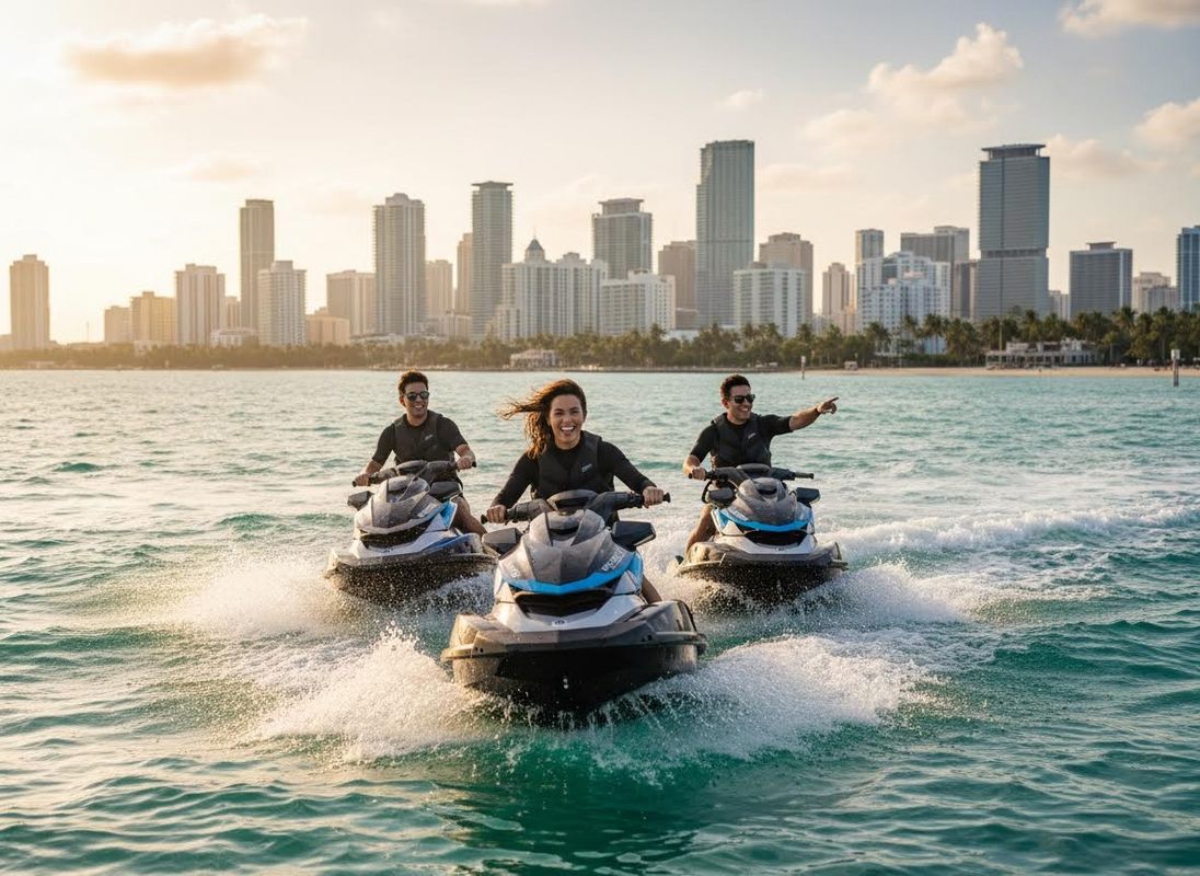 Three people riding jet skis on the water with a city skyline