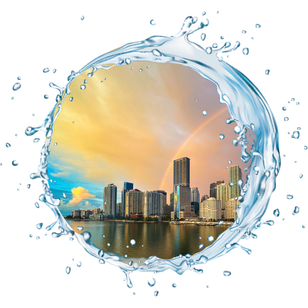 Miami skyline with a rainbow behind it