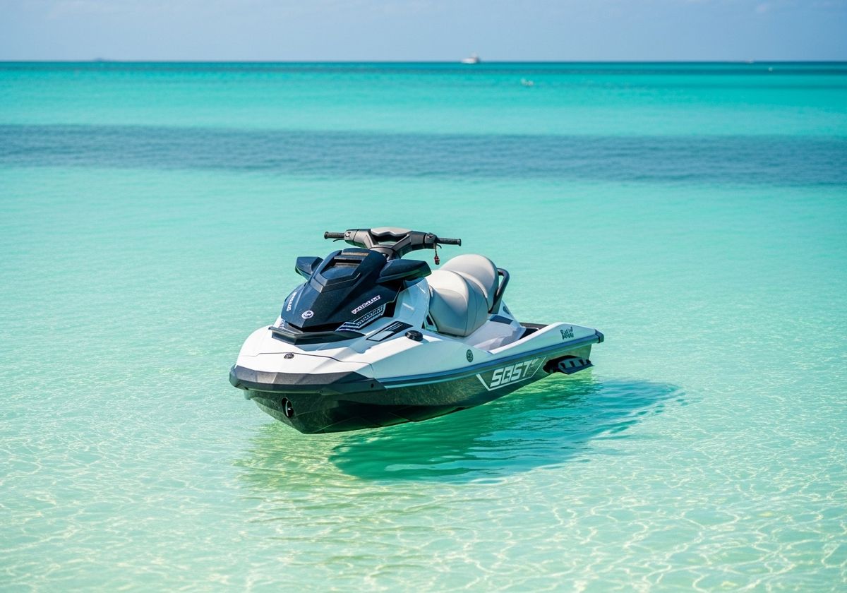 A premium jet ski parked in the crystal-clear turquoise waters of a Miami sandbar