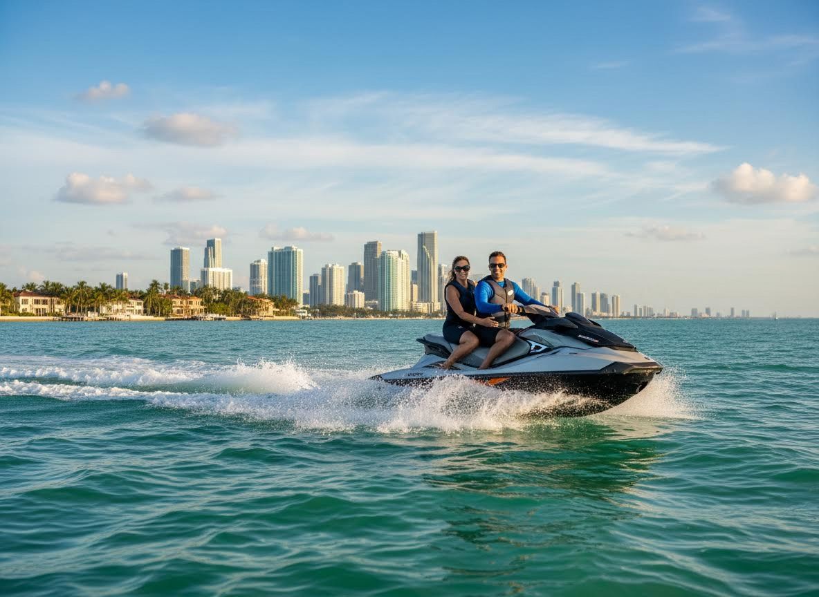 Couple Jet Skiing in Bay with City Skyline